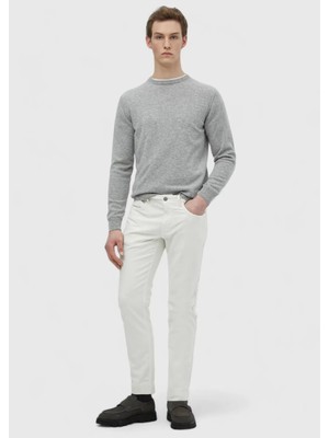 Ekru Düz Dokuma Slim Fit Casual Pamuk Karışımlı Pantolon