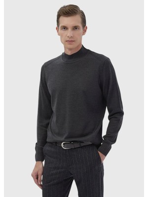 Antrasit Bato Yaka Düz Örgü Yün Karışımlı Triko Kazak