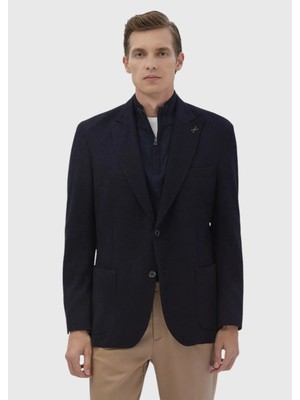 Lacivert Desenli Shirt Shoulder Slim Fit Yün Karışımlı Örme Ceket