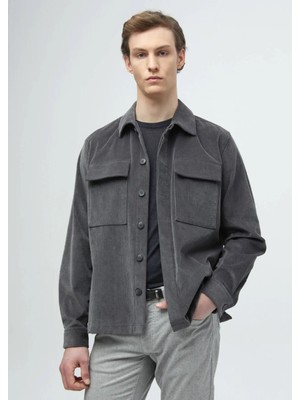 Koyu Gri Düz Casual Fit Dokuma Kadife %100 Pamuk Overshırt