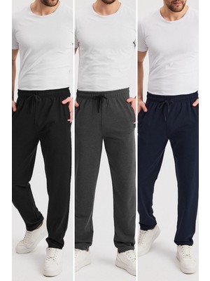 Siyah-Lacivert-Antrasit Erkek Fermuarlı Cepli Nakış Detaylı Düz Paça Rahat Kesim Günlük 3'lü Eşofman Altı