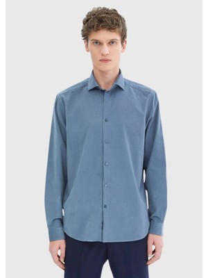 Mavi Düz Casual Fit Dokuma Kadife Casual %100 Pamuk Gömlek