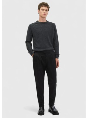 Siyah Düz Dokuma Carrot Fit Casual Pamuk Karışımlı Pantolon