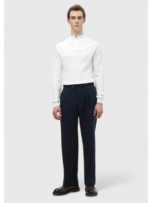 Lacivert Çizgili Dokuma Loose Fit Casual Pantolon
