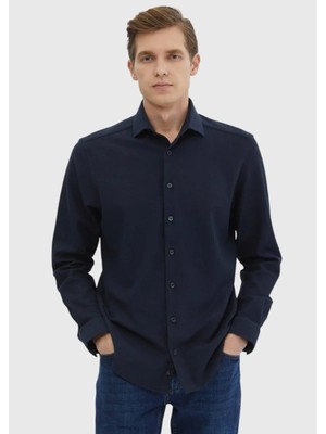 Ramsey Lacivert Çizgili Casual Fit Uzun Casual %100 Pamuk Gömlek