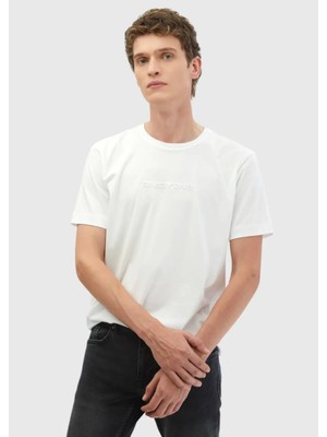 Beyaz Baskılı Bisiklet Yaka %100 Pamuk T-Shirt