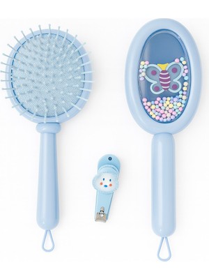 1 Adet Çocuk Saç Tarağı – 1 Adet Tırnak Çakısı Set Pastel Renkli Boncuklu, Masaj Etkili Tarak Mavi