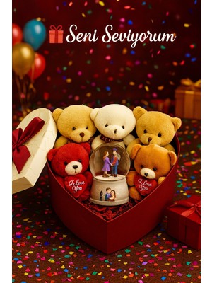 Kalpli Kutu Içinde 5’li Peluş Ayıcık ve Kar Küresi Hediye Seti Sevgiliye Arkadaşa Hediye