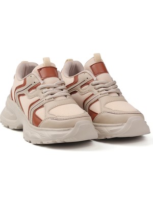 Kadın Bej Kahve Fileli Sneaker Günlük Ortopedik Spor Ayakkabı