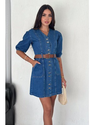 Kadın Düğmeli Denim Elbise – Deri Kemerli & Modern Kesim