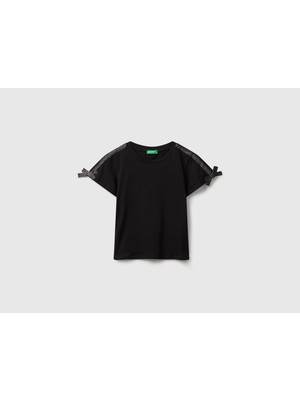 Benetton Kız Çocuk Logo Işlemeli Omuzları Simli Kurdeleli T-Shirt