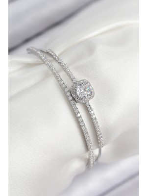 Pirinç Zirkon Taşlı Baget Model Gümüş Renk Kadın Bileklik