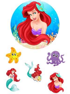Yenilebilir Yuvarlak Pasta ve Figür Resim Baskısı Şekerli Kağıt Deniz Kızı Temalı 07