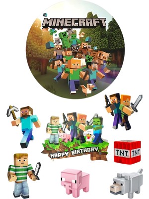 Yenilebilir Yuvarlak Pasta ve Figür Resim Baskısı Şekerli Kağıt Minecraft Temalı 36