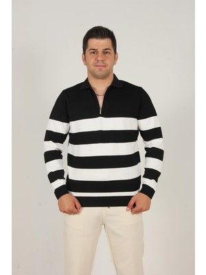 3003 Yakası Fermuarlı Yakalı Çizgili Kazak