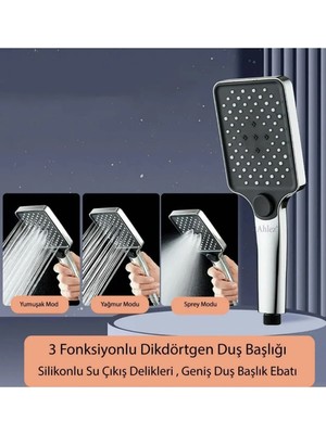 3 Fonksiyonlu Yüksek Basınçlı Kare Duş Başlığı, Ayarlanabilir, Metalik