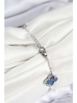 316L Çelik Beyaz Sedef Yonca Model Gümüş Renk Kadın Bileklik