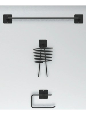 Yapışkanlı 3 Lü Set Siyah Fön Makinesi Askısı Uzun Havlu Askısı Wc Tuvalet Kağıtlık Banyo Seti Siyah