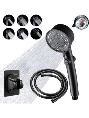 Siyah Duş Seti, 5 Kademe Ayarlı Başlık, Yapışkanlı Mafsal, 1.5 mt Pvc Hortum