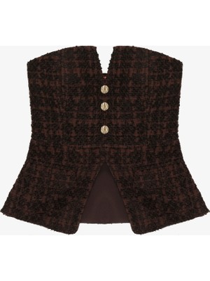 Düğmeli Tüvit Straplez Büstiyer Bluz Kahverengi