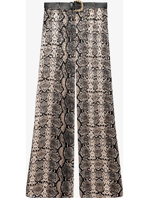 Yılan Desenli Kemerli Bol Paça Pantolon Kahverengi