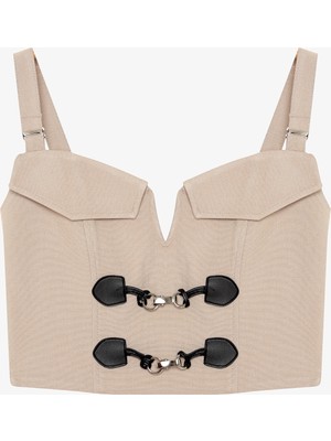 Toka Aksesuarlı Askılı Büstiyer Bluz Bej