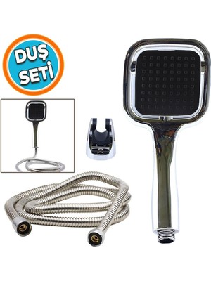 Modern Siyah Duş Seti, Kare Başlık, Metal Hortum, Şık ve Fonksiyonel Tasarım