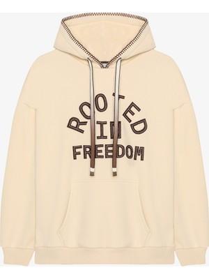 Kapüşonlu Kanguru Cepli Oversize Sweatshirt Bej