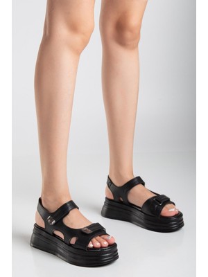 Saide Siyah Cilt Cırt Cırtlı Sandalet - Lisinya