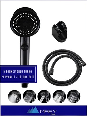 Siyah Turbo Pervaneli Örgülü Hortum ve Mafsal Seti, Şık ve Işlevsel Duş Takımı