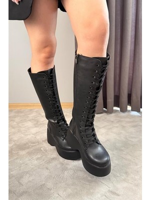 Kadın Siyah Cilt Bağcık Detaylı Fermuarlı 9 cm Topuklu Platfomlu Çizme