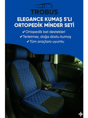 Ford Focus 3 2011-2014 Trobus Elegance Ortopedik Araç Koltuk Minderi 5'li Set, Hava Yastığı Uyumlu Mavi Siyah