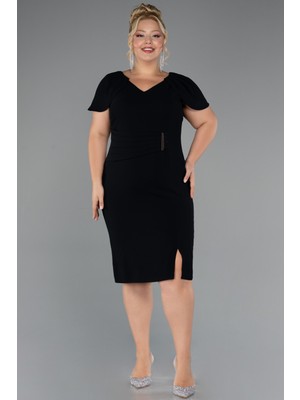 Kısa Kol V Yaka Midi Büyük Beden Davet Elbisesi ABK2432