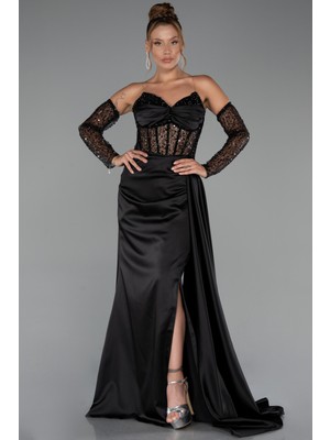 Taşlı Straplez Yaka Yırtmaçlı Uzun Saten Abiye ABU5288