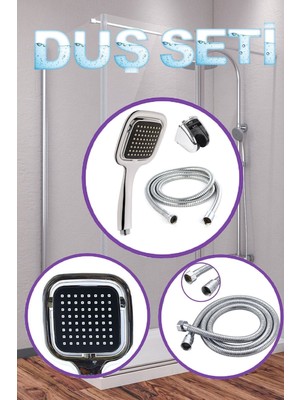 Şık Siyah Banyo Seti, Kare Başlık, Metal Hortum, 3'lü Set