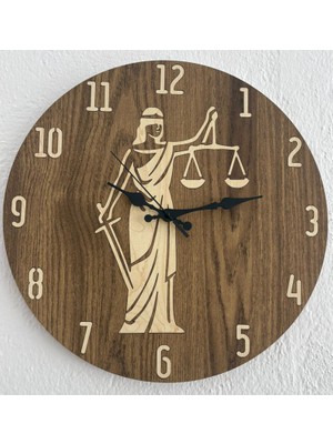 Justitia Adalet Terazisi Figürlü - Koyu Ahşap Duvar Avukat Saati (Kişiselleştirilebilir) - 40 cm