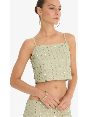 DeFacto Regular Fit İnce Askılı Taş İşlemeli Vual Bluz G1100AX25AU