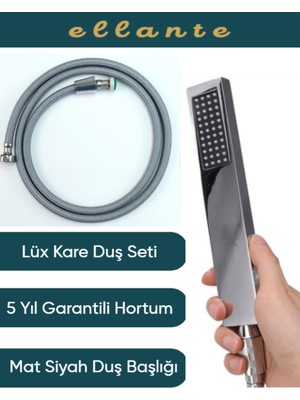 Gri Kare Duş Başlığı ve Seti, 150 cm Hortum, Tek Fonksiyon, Yüksek Kalite