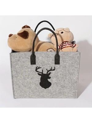 Geyik Figürlü Büyük Kapasiteli Şık Gri Keçe Çanta.