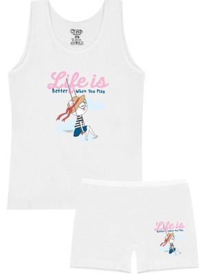 Öts Kız Çocuk Atlet Boxer Likralı Ekru Baskılı (%96 Pamuk - %4 Elastan)