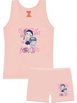 Öts Kız Çocuk Atlet Boxer Likralı Somon Baskılı (%96 Pamuk - %4 Elastan)