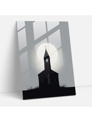 Popcas Kilise Cam: Kilise Siluetinin Minimalist Siyah ve Beyaz Çizimi - Kilise Minimalist Çizim Kilise Cam Cam Sanatı