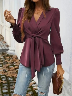 Aisha Elbise Kadın Uzun Kollu Kruvaze Yakalı Önden Bağlamalı Ithal Krep Bluz