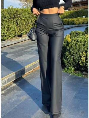 Gökyüzü Moda Kadın Yüksek Bel Cepli Şardonlu Geniş Paçalı Mat Deri Pantolon
