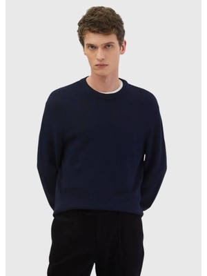 Lacivert Bisiklet Yaka Jakarlı Triko Kazak