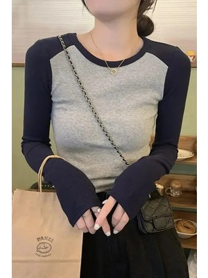 Lacivert Raglan Kollu Gri Melanj Basic Uzun Kollu Crop