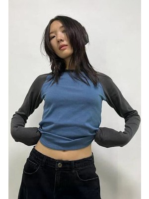 Füme Raglan Kollu Lacivert Basic Uzun Kollu Crop