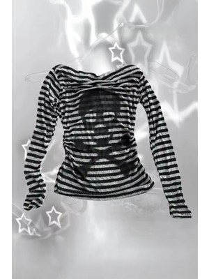 Siyah Gri Çizgili Skull Y2K Uzun Kollu Crop
