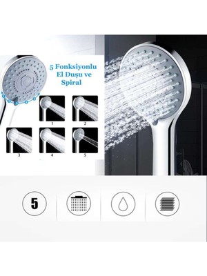 5 Fonksiyonlu Krom Duş Başlığı ve Seti, Eko Mafsal ve Hortum ile Mükemmel Konfor
