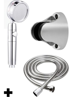 Gri Turbo Fanlı 3'lü Set, 5 Fonksiyonlu Jet Pervaneli Duş Başlığı, Hortum, Askı